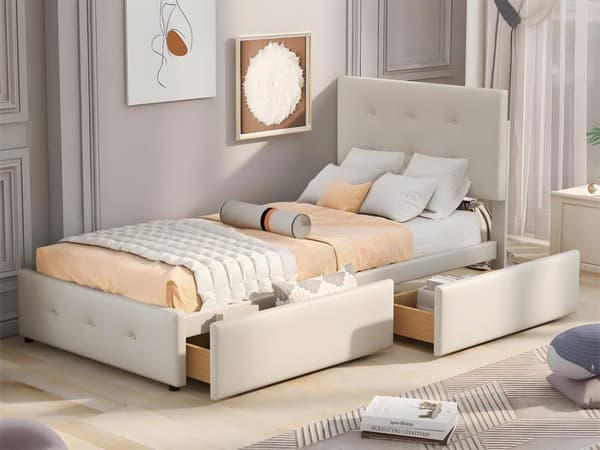 Ryggstöd och två lådor, hudvänligt sammetstyg Beige flat enkelsäng Barnsäng Ungdomssäng Gästsäng