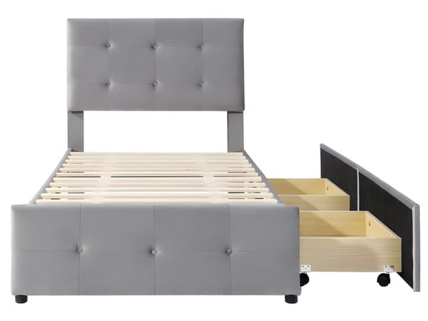 Ryggstöd och två lådor, hudvänligt sammetstyg Beige flat enkelsäng Barnsäng Ungdomssäng Gästsäng