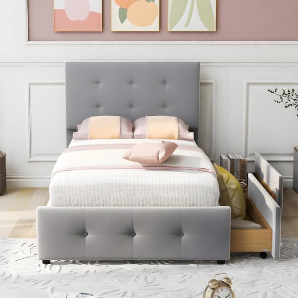 Ryggstöd och två lådor, hudvänligt sammetstyg Beige flat enkelsäng Barnsäng Ungdomssäng Gästsäng