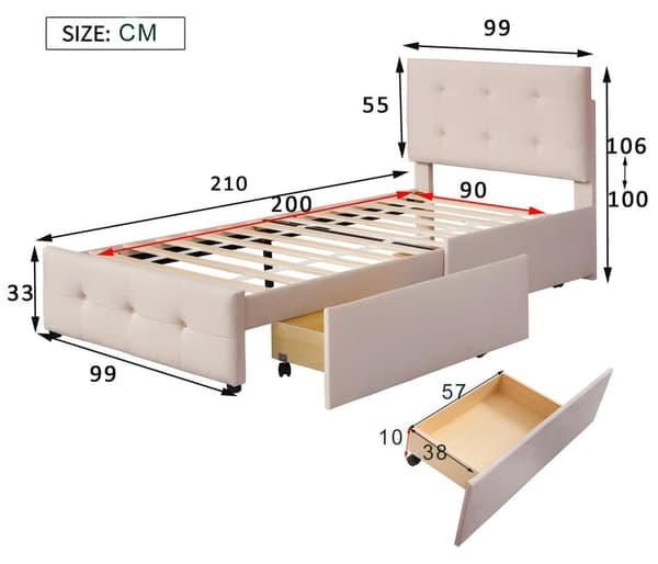 Ryggstöd och två lådor, hudvänligt sammetstyg Beige flat enkelsäng Barnsäng Ungdomssäng Gästsäng