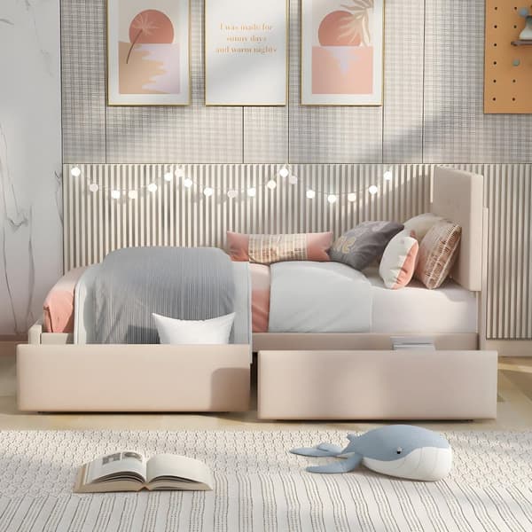Ryggstöd och två lådor, hudvänligt sammetstyg Beige flat enkelsäng Barnsäng Ungdomssäng Gästsäng