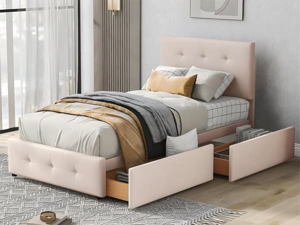 Ryggstöd och två lådor, hudvänligt sammetstyg Beige flat enkelsäng Barnsäng Ungdomssäng Gästsäng Mörkgrå