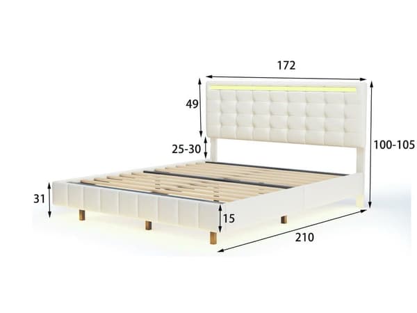Polstret flydende sengeramme med LED-lys og design på hovedgærde, dobbeltseng Gæsteseng i hudvenligt linned