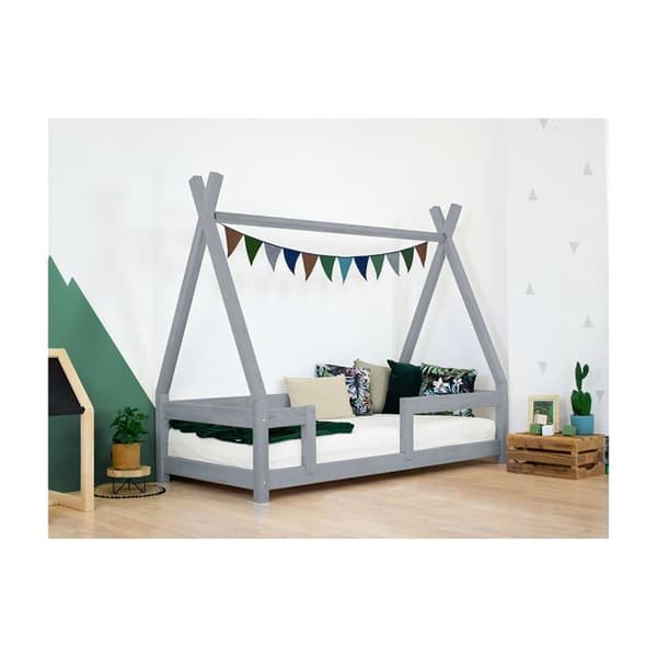 Lätt enkeltsäng i trä - Benlemi - NAKANA - Grå tipi - 140x200cm - 1 plats