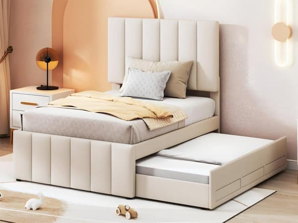 Møbleret seng med sovesofa og opbevaringsbokse, flad enkeltseng, barneseng, ungdomsseng, gæsteseng Beige 90 x 200 cm