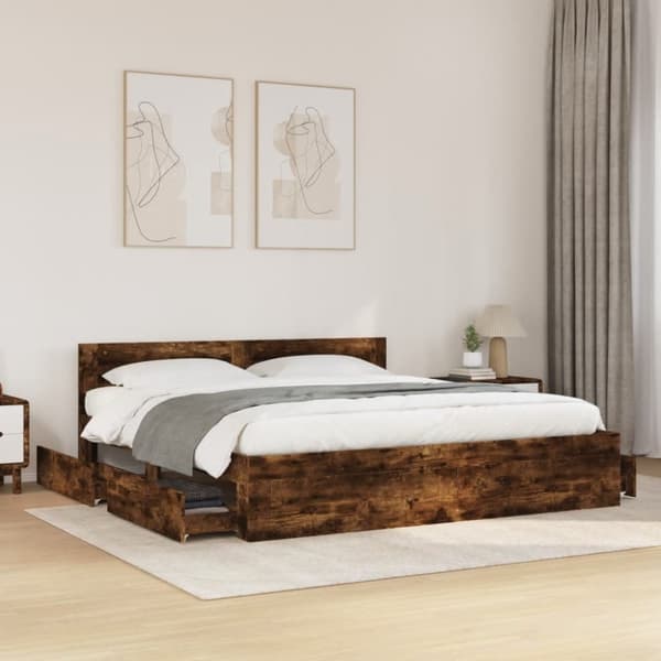 vidaXL sengeramme med sengegavl 200x200 cm konstrueret træ røget eg