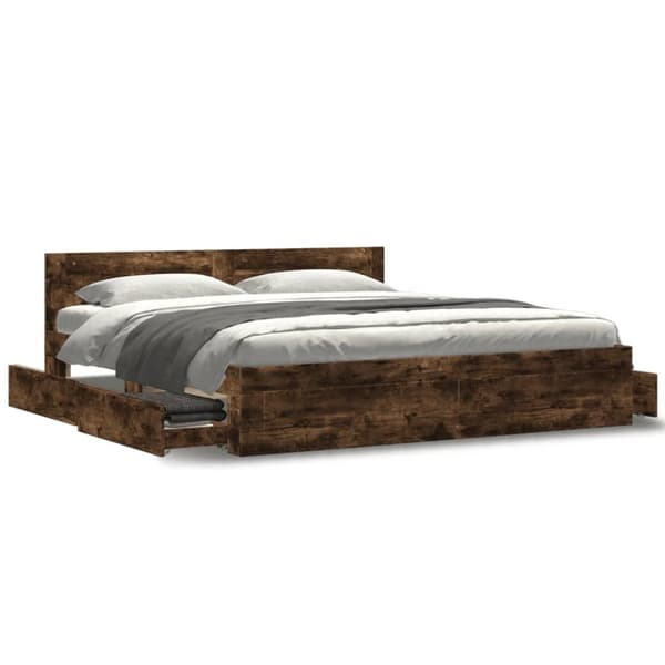 vidaXL sengeramme med sengegavl 200x200 cm konstrueret træ røget eg