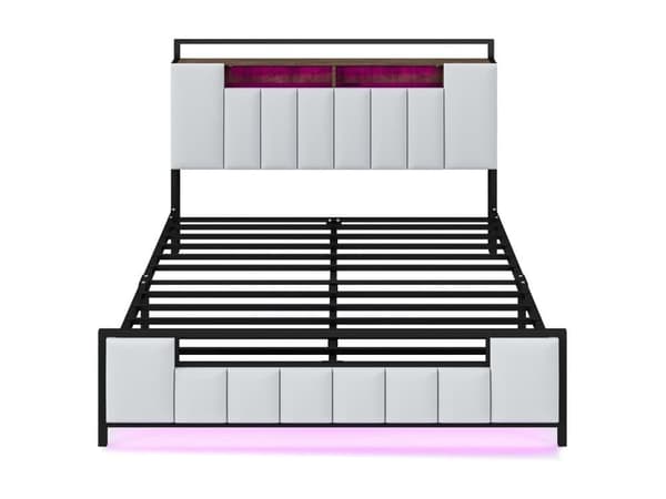 Multifunktionel seng med LED-lys, med USB-stik, opbevaringsbar, ungdomsseng, voksenseng, dobbeltseng, imiteret læder