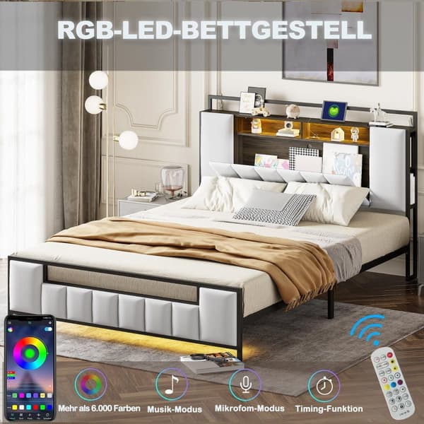 Multifunktionel seng med LED-lys, med USB-stik, opbevaringsbar, ungdomsseng, voksenseng, dobbeltseng, imiteret læder