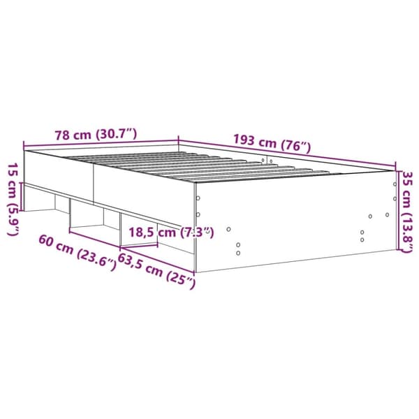 vidaXL Sängynrunko harmaa Sonoma 75x190 cm tekninen puu
