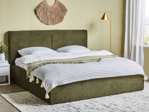 Seng Mørkegrøn Boucle 180 x 200 cm Moderne To Mands Seng med Opbevaring Blød Sengegavl Dobbeltseng Sengeramme Retro Design