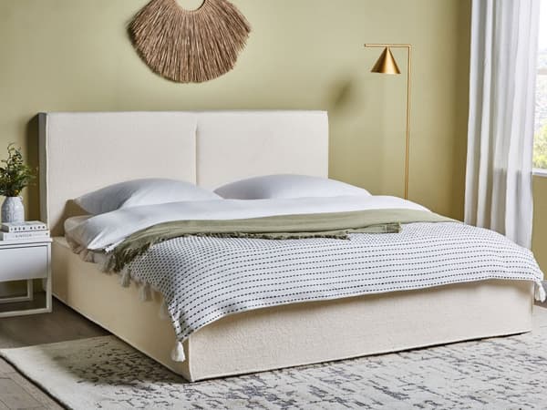 Seng Off White Boucle 180 x 200 cm Moderne To Mands Seng med Opbevaring Blød Sengegavl Dobbeltseng Sengeramme Retro Design