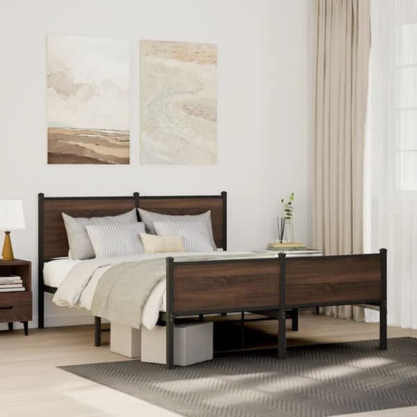 vidaXL sengeramme med sengegavl og fodgærde 137x190 cm metal brun eg
