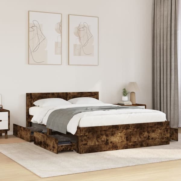 vidaXL Sängynrunko päätylevyllä savutammi 135x190 cm tekninen puu