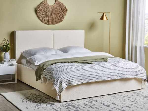 Seng med oppbevaring Off-white Bouclé 160 x 200 cm Lamellramme Sengegavl Moderne Minimalistisk Dobbeltseng Soverom