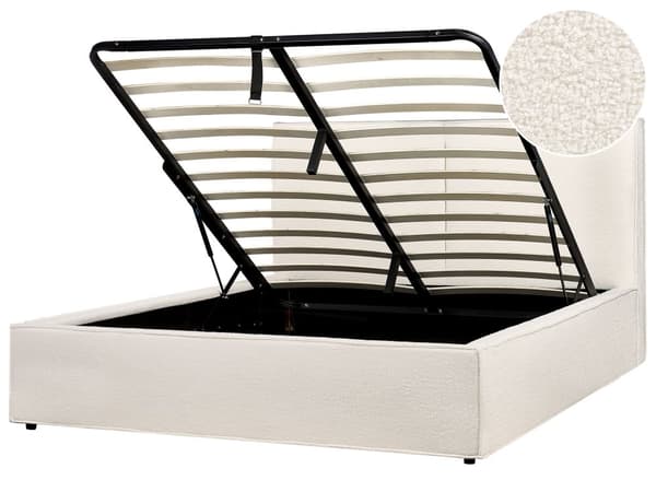 Seng med oppbevaring Off-white Bouclé 160 x 200 cm Lamellramme Sengegavl Moderne Minimalistisk Dobbeltseng Soverom