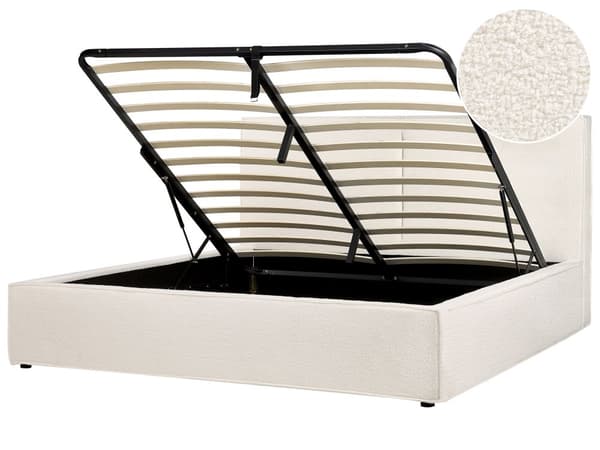 Seng med oppbevaring Off-white Bouclé 180 x 200 cm Lamellramme Sengegavl Moderne Minimalistisk Dobbeltseng Soverom