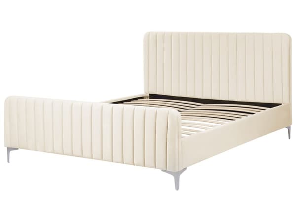 Parisänky vaaleanbeige sametti verhoiltu metallijalat 160 x 200 cm sälepohjalla tikatut päädyt moderni tyyli