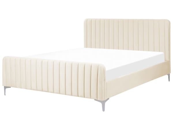 Parisänky vaaleanbeige sametti verhoiltu metallijalat 160 x 200 cm sälepohjalla tikatut päädyt moderni tyyli