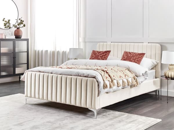 Dubbelsäng Taupe Sammet 140 x 200 cm med Tuftad Vadderad Sänggavel Metall Ben Modern Design Sovrum