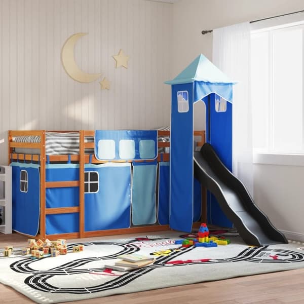 vidaXL Kerrossänky liukumäellä ja verhoilla sininen 90x200 cm