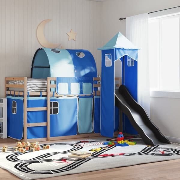 vidaXL Kerrossänky liukumäellä ja verhoilla sininen 80x200 cm