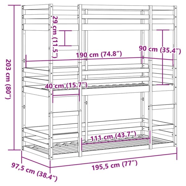 vidaXL Trippel køyeseng voksbrun 90x190 cm heltre furu