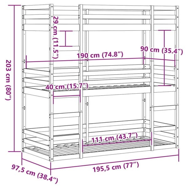 vidaXL tredobbelt køjeseng 90x190 cm massivt fyrretræ hvid