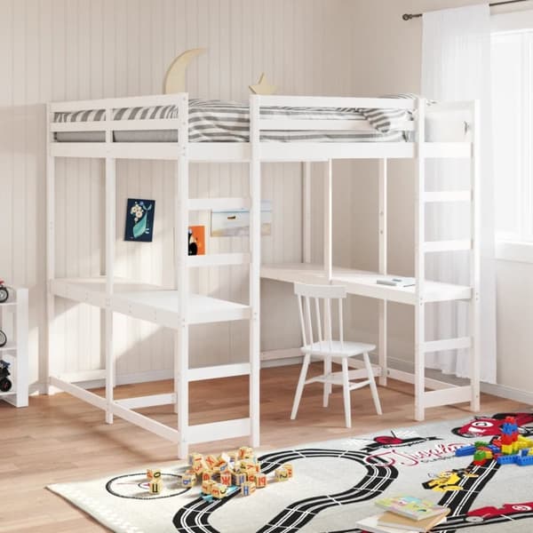 vidaXL højseng med skrivebord 200x200 cm massivt fyrretræ hvid