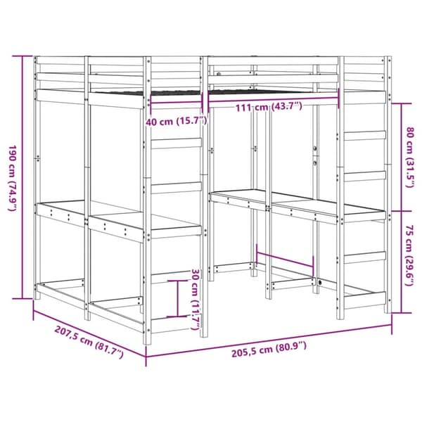 vidaXL højseng med skrivebord 200x200 cm massivt fyrretræ hvid