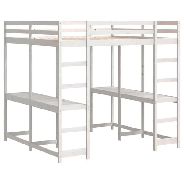 vidaXL højseng med skrivebord 200x200 cm massivt fyrretræ hvid