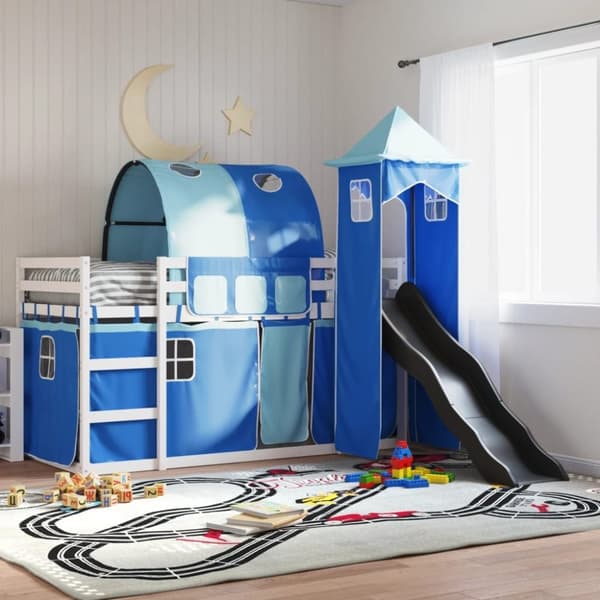 vidaXL Kerrossänky liukumäellä ja verhoilla sininen 90x200 cm