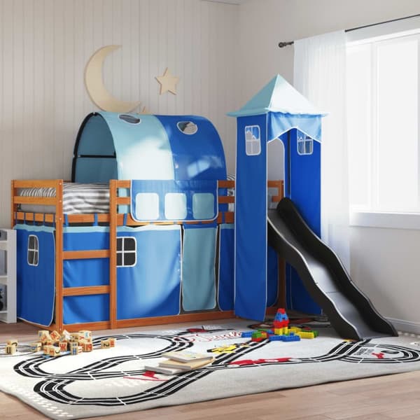 vidaXL Kerrossänky liukumäellä ja verhoilla sininen 90x200 cm