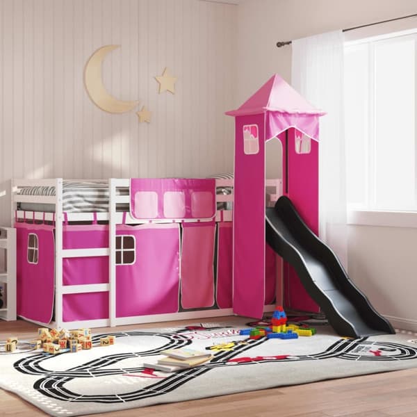 vidaXL Kerrossänky liukumäellä ja verhoilla pinkki 90x200 cm