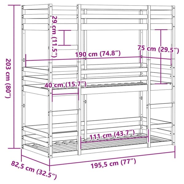 vidaXL tredobbelt køjeseng 75x190 cm massivt fyrretræ voksbrun