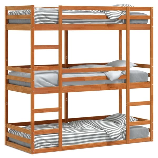 vidaXL tredobbelt køjeseng 75x190 cm massivt fyrretræ voksbrun