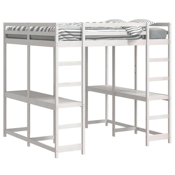 vidaXL Køyeseng med skrivebord og stige hvit 200x200 cm heltre furu