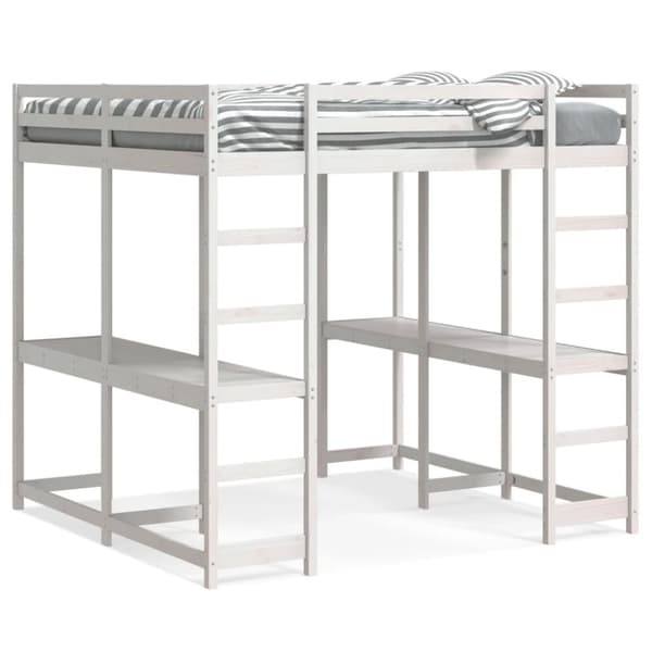 vidaXL Køyeseng med skrivebord og stige hvit 200x200 cm heltre furu