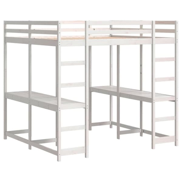 vidaXL højseng med skrivebord 140x200 cm massivt fyrretræ hvid