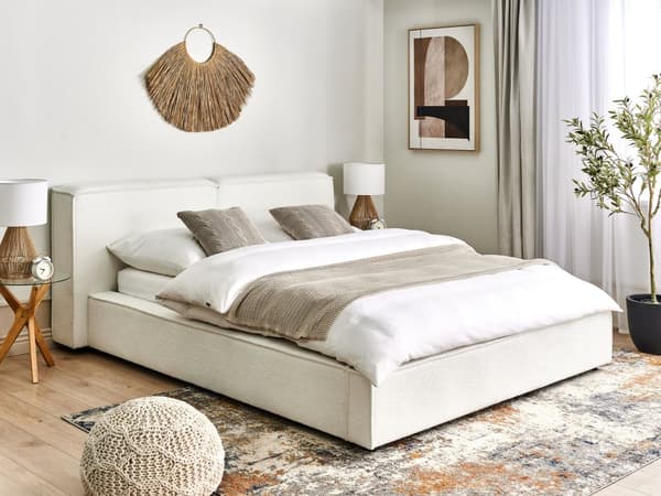 Seng Hvid Boucle 160 x 200 cm Moderne To Mands Seng Blød Sengegavl Dobbeltseng Sengeramme Retro Design