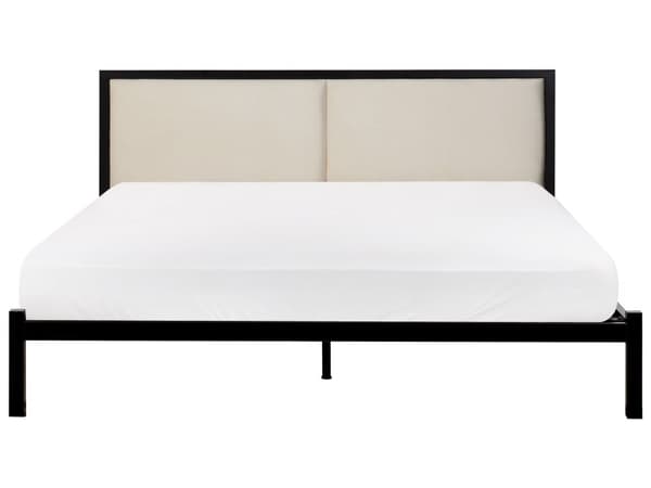Dubbelsäng Svart Stål 160 x 200 cm Sängbotten Ljusbeige Stoppad Sänggavel Modern Stil