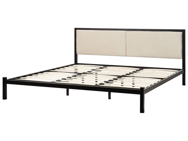 Parisänky musta teräs 180 x 200 cm sälepohjalla vaaleanbeige pehmustettu sängynpääty moderni tyyli