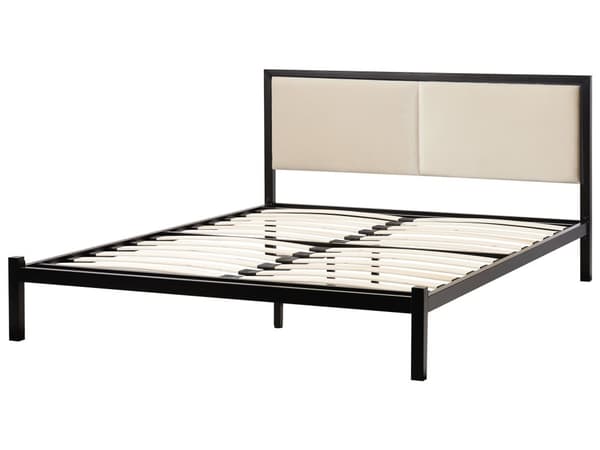 Parisänky musta teräs 140 x 200 cm sälepohjalla vaaleanbeige pehmustettu sängynpääty moderni tyyli