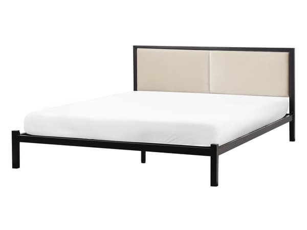 Parisänky musta teräs 140 x 200 cm sälepohjalla vaaleanbeige pehmustettu sängynpääty moderni tyyli
