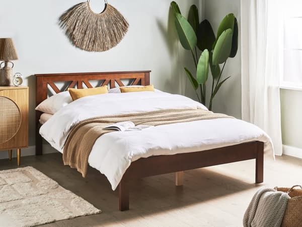 Dobbeltseng med Treramme Dekorativ Sengegavl 140 x 200 cm Rustikk Design Mørkt Tre