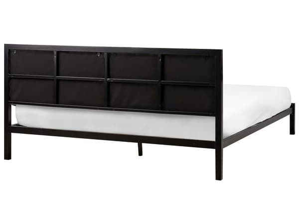 Dobbelt Sengeramme Svart Metall Lys Beige Stoff Sengegavl 160 x 200 cm Polstret Lamellbunn Minimalistisk