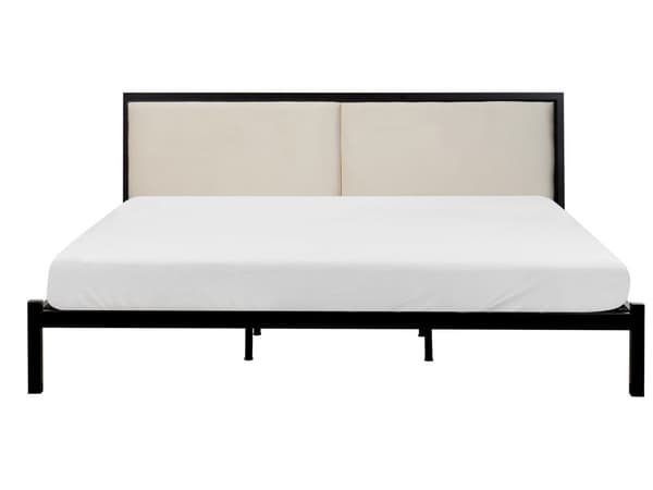 Dobbelt Sengeramme Svart Metall Lys Beige Stoff Sengegavl 180 x 200 cm Polstret Lamellbunn Minimalistisk