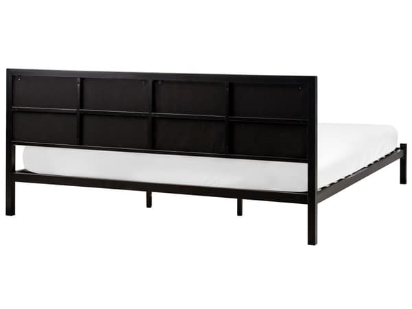 Dobbelt Sengeramme Svart Metall Lys Beige Stoff Sengegavl 180 x 200 cm Polstret Lamellbunn Minimalistisk