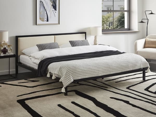 Dobbelt Sengeramme Svart Metall Lys Beige Stoff Sengegavl 180 x 200 cm Polstret Lamellbunn Minimalistisk