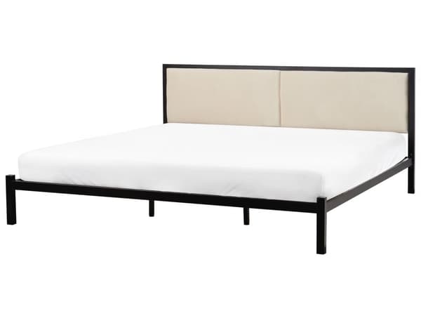 Dobbelt Sengeramme Svart Metall Lys Beige Stoff Sengegavl 180 x 200 cm Polstret Lamellbunn Minimalistisk